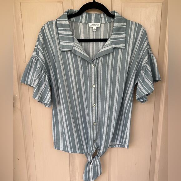 Luxology Blue and White Striped Blouse with tie and Flutter Sleeves | Size S - Picture 1 of 6